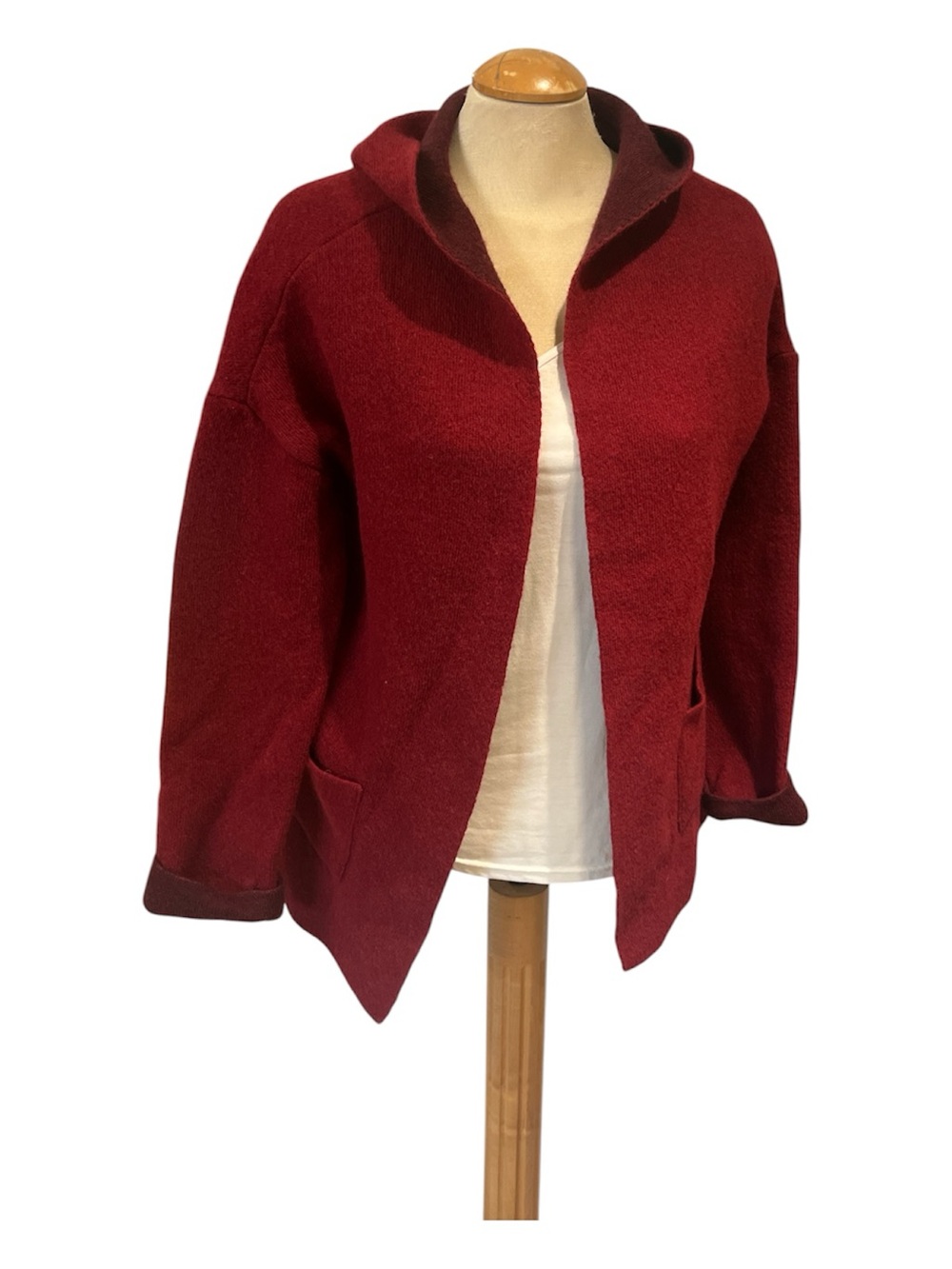 CHIARAMENTE Open-Front Hooded Wool Blend Cardigan Jacket Deep Red ITALIAN Sz L